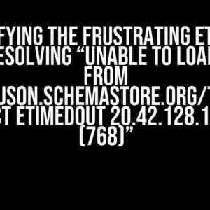 Demystifying the Frustrating ETIMEDOUT Error: Resolving “Unable to load schema from ‘https://json.schemastore.org/tsconfig’: connect ETIMEDOUT 20.42.128.105:443. (768)”