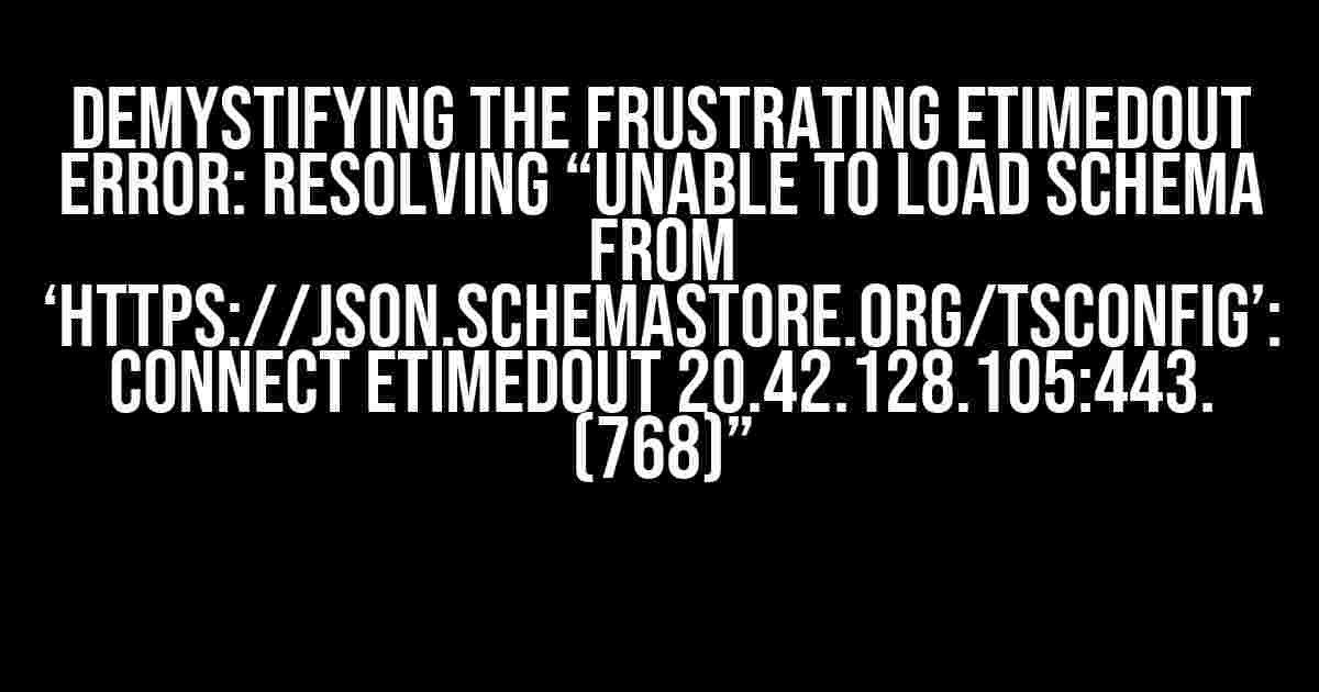 Demystifying the Frustrating ETIMEDOUT Error: Resolving “Unable to load schema from ‘https://json.schemastore.org/tsconfig’: connect ETIMEDOUT 20.42.128.105:443. (768)”